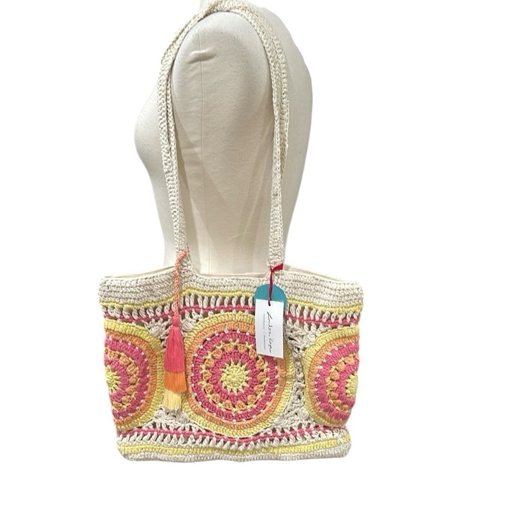 NWT London Kaye Crochet Tote Bag Cream Pink Yellow
